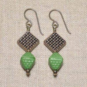 Hand Crafted Handmade Earrings Modern Green Glass & Copper Geometric Ear…